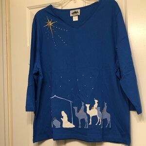 Women's Blue Long Sleeve Tee with Nativity Design